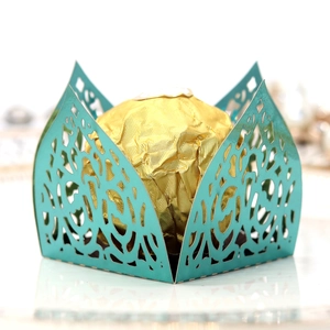 Laser cut favor box in teal mirror paper with vintage pattern for candy or chocolate