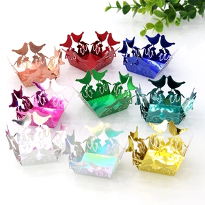 Nine metallic colors of laser-cut bird cupcake wrappers for wedding and party decorations