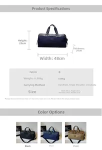 Size chart showing large capacity travel bag dimensions 48x23x24cm with weight details