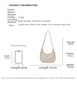 Tableau des tailles pour sac en nylon beige affichant les dimensions de 25cm