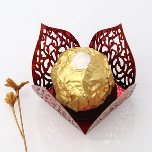 Laser-cut red mirror paper candy box for festive parties with hollow floral lace