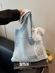 Sac Fourre-tout en Tricot Ajouré pour Femme Avec Nœud en Dentelle Style Français Sac à Épaule Grande Capacité Vacances Plage