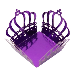 Detailed laser-cut hollow crown candy box in deep purple metallic finish for parties