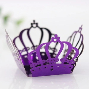 Close-up of purple crown laser-cut candy box with metallic mirror finish for party