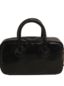 Glossy black patent leather bowling bag with top handles and logo print for women
