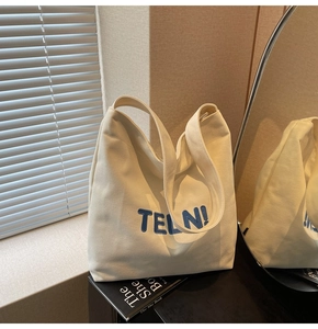 Dettaglio del ricamo TELN blu su borsa tote in tela crema con ombre a strisce