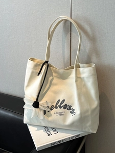 Large Capacity Canvas Tote Bag For Women Fashion Commute Shoulder Bag With Flower Charm Letter Print Shopping Bag