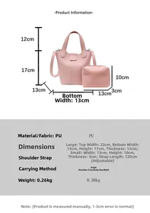 Detailed size chart showing dimensions for pink PU leather bucket bag and pouch