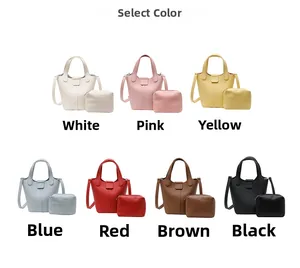 Litchi pattern bucket bag with matching pouch shown in seven vibrant color variants