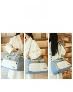 Blue travel bag shown in three carrying styles: handbag, shoulder bag, and crossbody bag