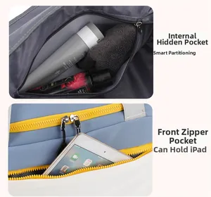 Detail view of water-resistant travel bag with inner zipper pocket and front iPad compartment