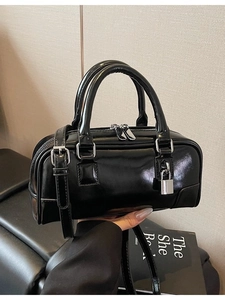 Women Fashion Glossy PU Leather Boston Bag Small Square Shoulder Crossbody Handbag With Silver Lock Decoration Casual Bag