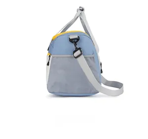 Side view of multi-color waterproof travel bag with mesh side pocket and adjustable strap