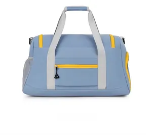 Rear view of blue fitness travel bag with side mesh pocket and grey carrying straps