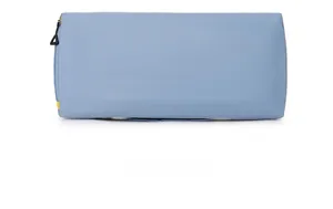 Bottom view of light blue waterproof travel duffel bag with durable black zippers