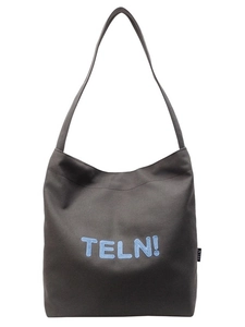 Borsa tote in tela grigio scuro con ricamo TELN blu e tracolla lunga minimalista