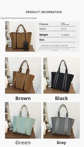 Detailed size chart and specifications for the large nylon tote bag in four colors