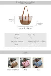 Tabella taglie dettagliata per borsa tote in maglia con dimensioni e opzioni colore