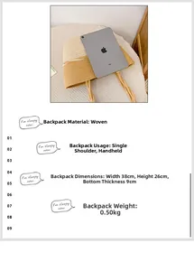 Detailed size specifications of the straw woven tote bag measuring 38x26x9cm with iPad scale