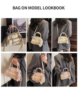Vues détaillées de mini sacs à nœuds avec dentelle et perles en crème et rose pastel
