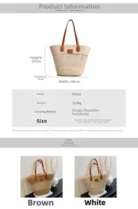 Specifiche dettagliate delle dimensioni della borsa tote in paglia con manici in pelle marrone
