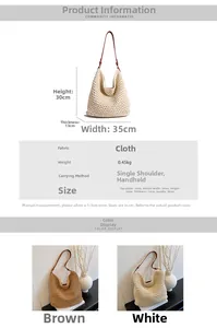 Detailed sizing chart and material specs for the woven straw beach bucket shoulder bag
