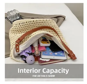 Top view of beige straw bucket bag showing large capacity for iPad and umbrella