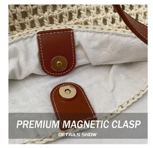 Detail of the magnetic snap closure and woven texture on a cream beach bucket bag