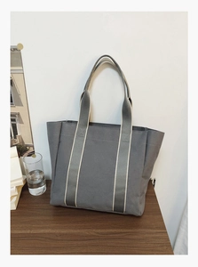 Fashion Korean Style Simple Nylon Tote Bag Large Capacity Women Shoulder Handbag Contrast Stripe Decor Casual Commuting Bag