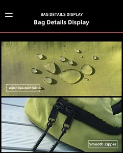 Dettaglio tessuto verde impermeabile e doppia cerniera fluida sulla mini borsa a tracolla