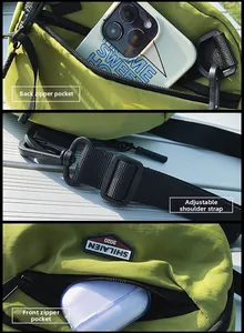 Dettaglio borsa a tracolla verde con cinturino regolabile e tasca con zip