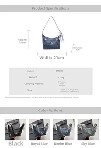 Detailed size chart and multi-color options for the denim butterfly handbag