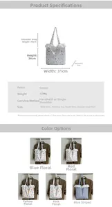 Detailed view showing canvas tote bag dimensions 31x34x9cm and lace trim edge design