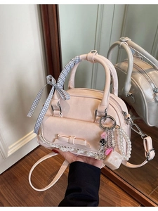 Women Balletcore PU Leather Bowling Handbag With Ribbon Bow Lace Trim Artificial Pearl Pendant Sweet Daily Shoulder Crossbody Bag
