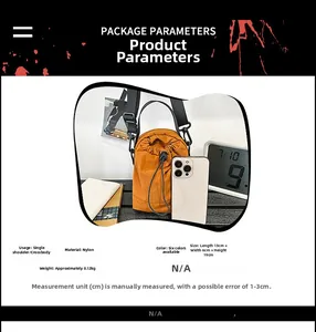 Detail view of small orange nylon bucket bag with 13x6x19cm size and weight specs