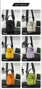 Collage of nylon drawstring bucket bags in black, white, yellow, purple, orange, and green