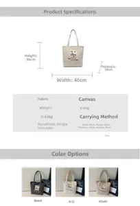Detailed size chart for the large canvas tote bag with dimensions and fabric specs