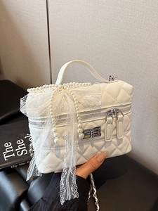 Sac Bandoulière Boîte Matelassé de Luxe Cuir PU Künstliche Perle Dentelle Nœud Sac à Main Élégant Sac à Épaule pour Femme Mariage