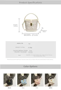 Détails du sac seau avec broderie papillon montrant les dimensions et quatre couleurs