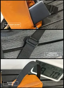 Detail of orange nylon bag featuring adjustable strap and hidden back zipper pocket