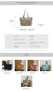 Detailed chart showing solid color nylon tote bag dimensions 38x28x14cm and color options