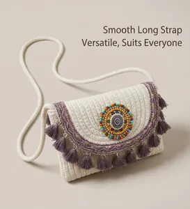 Detail of woven crossbody bag with bohemian beads, purple lace trim and tassel accents