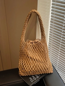 Casual Woven Bucket Bag For Women Hollow Out Net Shoulder Bag With Drawstring Inner Pouch Handmade Fashion Tote Bag