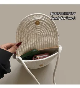 Detail of bohemian woven crossbody bag with magnetic clasp and spacious interior