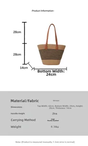 Guide des tailles détaillé pour sac fourre-tout tissé avec dimensions poids et lanière