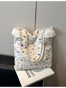 Women Canvas Floral Striped Tote Bag With Lace Trim Large Capacity Casual Shoulder Bag For Daily Commuting Fashion Handbag