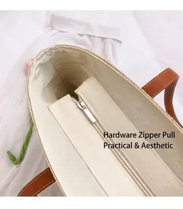 Détail du sac fourre-tout tissé avec doublure en toile crème et fermeture éclair en métal