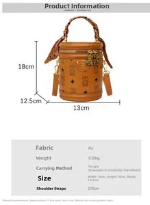 Detailed size chart for retro cylinder bucket bag featuring 13x18x12.5cm dimensions