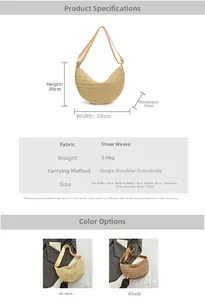 Detailed dimension guide for woven straw half-moon bag in cream and khaki colors