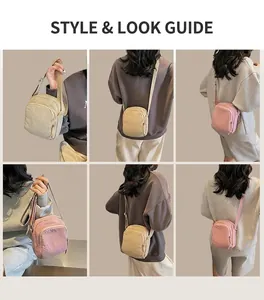 Detailansichten kleiner Nylon-Umhängetaschen in Beige und Rosa am lässigen Model